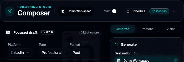 Real Composer controls for platform, tone, format and destination in a fictional demo workspace